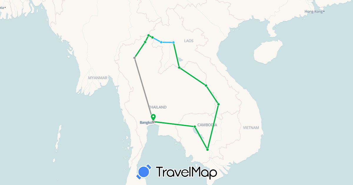 TravelMap itinerary: bus, plane, boat in Cambodia, Laos, Thailand (Asia)